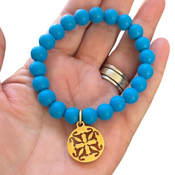 Rustic Cuff Sky Blue Silicone Beads Logo Stretch Bracelet - Picture 1 of 2